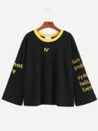 Romwe Black Letter Print Contrast Neck T-shirt