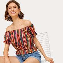 Romwe Off-shoulder Rainbow Stripe Peplum Blouse
