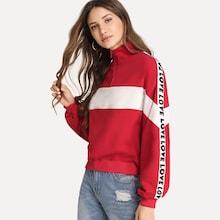 Romwe Zip Half Placket Letter Tape Side Sweatshirt