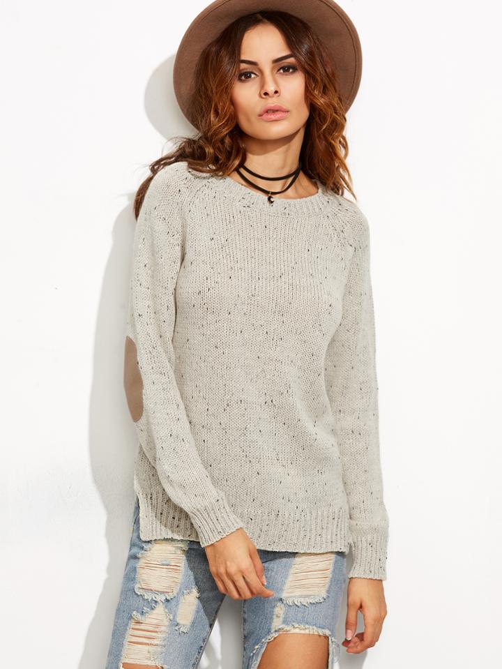 Romwe Apricot Elbow Patch Side Slit Fleck Sweater