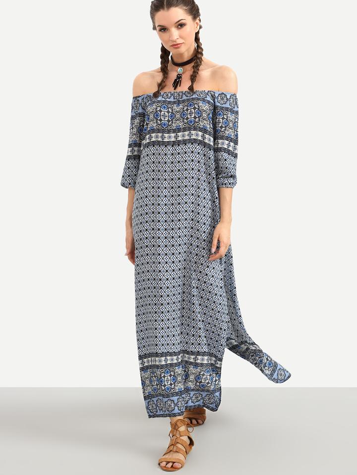 Romwe Blue Tribal Print Off The Shoulder Slit Dress