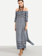 Romwe Blue Tribal Print Off The Shoulder Slit Dress