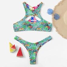Romwe Halter Cut-out Top With High Cut Bikini Set