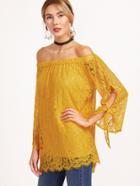 Romwe Yellow Off The Shoulder Tie Sleeve Floral Lace Top