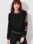 Romwe Black Striped Trim Embroidered Flower Applique Sweatshirt