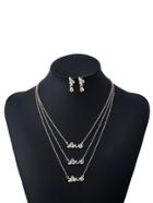 Romwe Rhinestone Layered Chain Necklace With Earrings