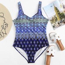 Romwe Plus Geometric Print One Piece Swimsuit