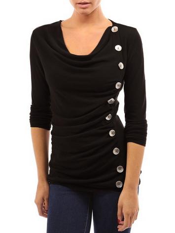 Romwe Draped Neck Single Breasted Black T-shirt
