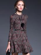 Romwe Red Round Neck Long Sleeve Necklace Drawstring Print Pockets Dress