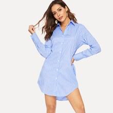 Romwe Curved Hem Striped Twist V-cut Back Shirt Dress