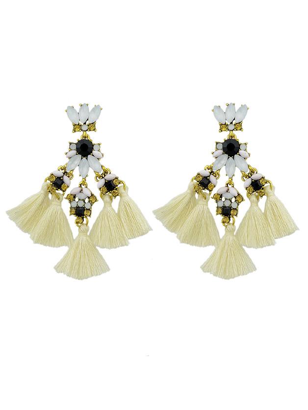 Romwe Beige Rhinestone And Colorful Tassel Big Geometric Chandeliers Earrings