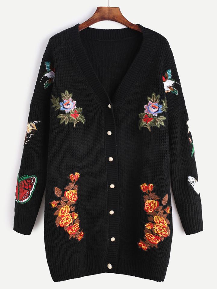 Romwe Black Dropped Shoulder Seam Embroidered Patch Sweater Coat