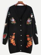 Romwe Black Dropped Shoulder Seam Embroidered Patch Sweater Coat