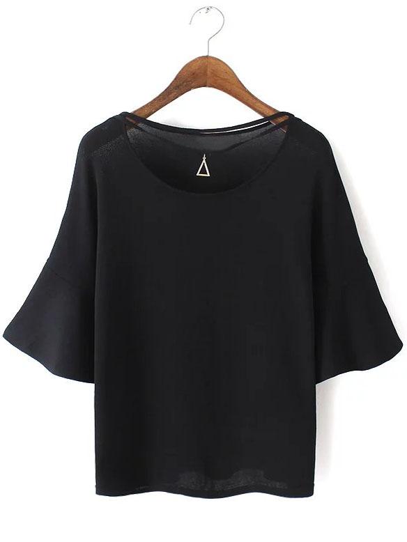 Romwe Black Bell Sleeve Triangle Necklace Knit Blouse