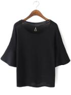 Romwe Black Bell Sleeve Triangle Necklace Knit Blouse