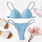 Romwe Seam Trim Plunge Top With Tange Bikini Set