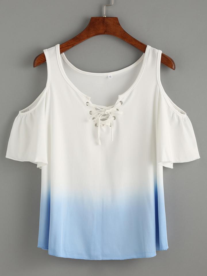 Romwe Blue Lace Up Open Shoulder Ombre T-shirt