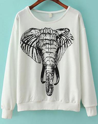Romwe Elephant Print White Sweatshirt