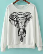 Romwe Elephant Print White Sweatshirt