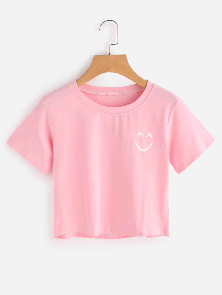 Romwe Smile Print Drop Shoulder Crop Tee