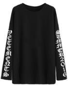 Romwe Black Letters Print Long Sleeve T-shirt