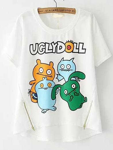 Romwe Dip Hem With Zipper Monster Print White T-shirt