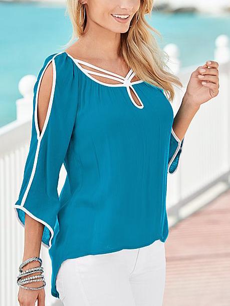 Romwe Blue Open Shoulder Cut Out Blouse