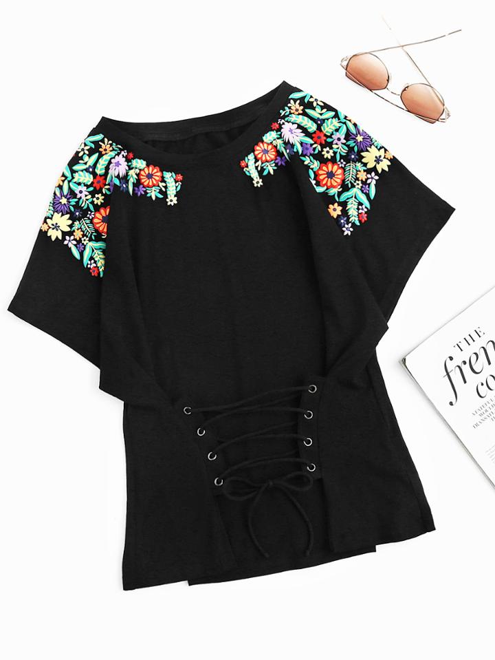 Romwe Flower Print Lace Up Dolman T-shirt