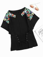 Romwe Flower Print Lace Up Dolman T-shirt