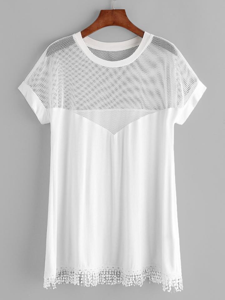 Romwe Mesh Sweetheart Fringe Trim Tee