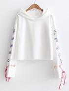 Romwe Embroidery Detail Lace Up Sleeve Hoodie