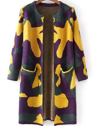 Romwe With Pockets Camouflage Yellow Cardigan