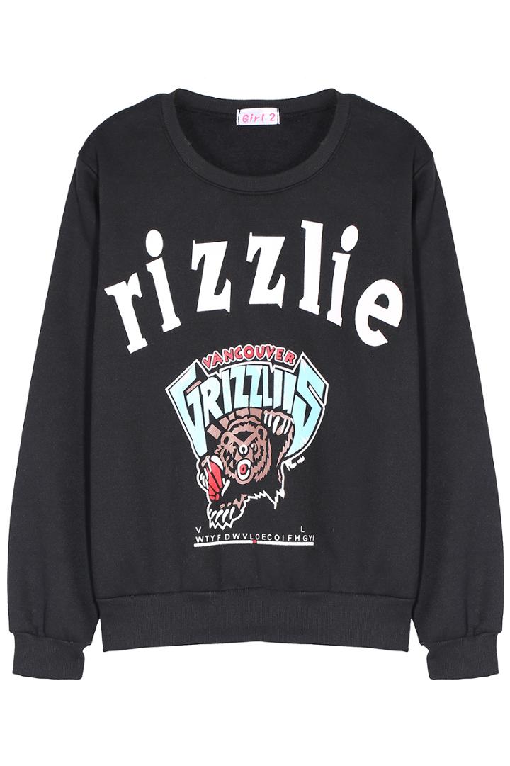 Romwe Bear Rizzlie Print Black Sweatshirt
