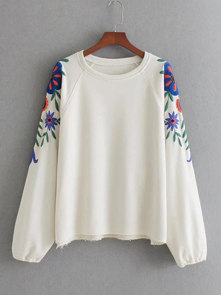 Romwe Embroidered Flower Raglan Sleeve Sweatshirt