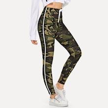 Romwe Drawstring Waist Tape Panel Camo Leggings