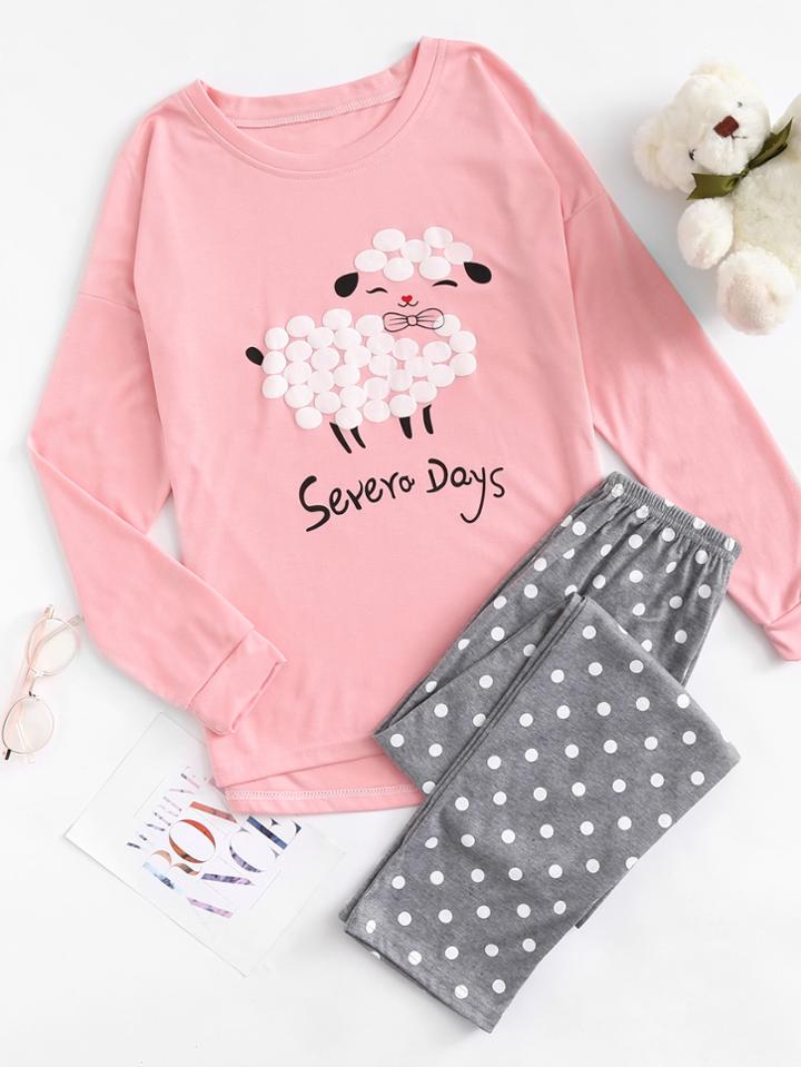 Romwe Sheep Print Top With Polka Dot Pants