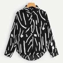 Romwe Printed Single Breasted Dip Hem Blouse