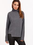 Romwe Grey Ribbed Knit High Neck Drop Shoulder Asymmetric Sweatshirt