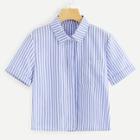 Romwe Rolled Sleeve Pocket Front Striped Shirt