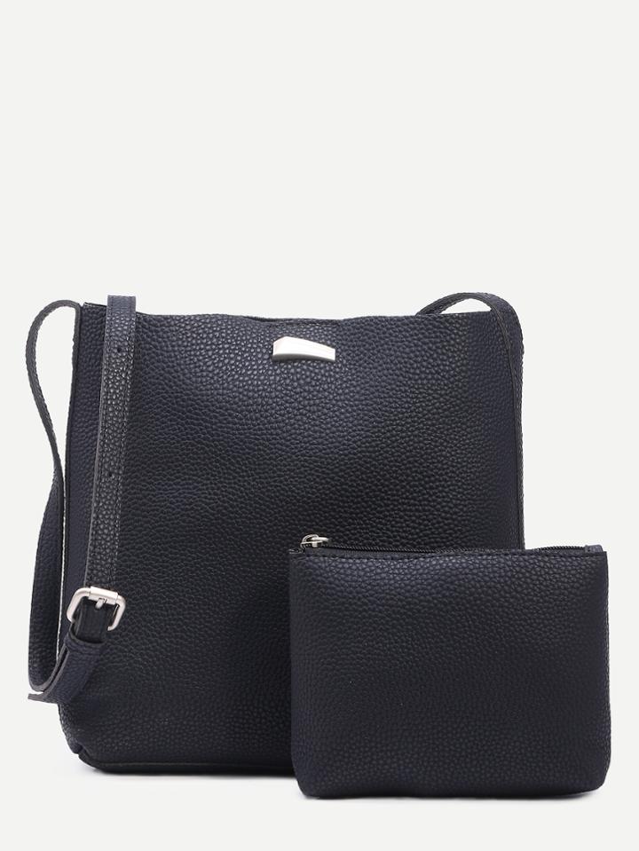 Romwe Black Pebbled Faux Leather Crossbody Bag With Makeup Bag