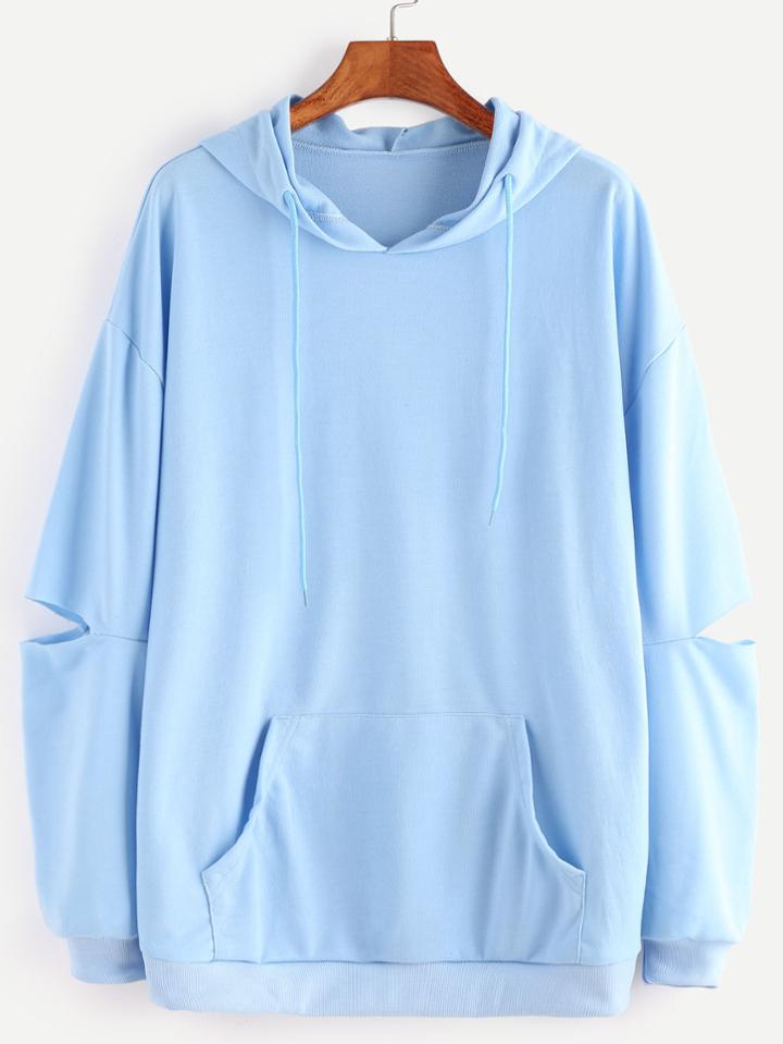 Romwe Blue Drop Shoulder Elbow Cutout Hooded Pocket Sweatshirt