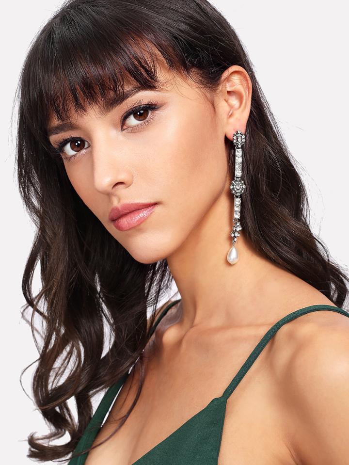 Romwe Faux Pearl & Rhinestone Detail Long Drop Earrings