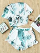 Romwe Tropical Print Knot Front Blouse And Shorts Set