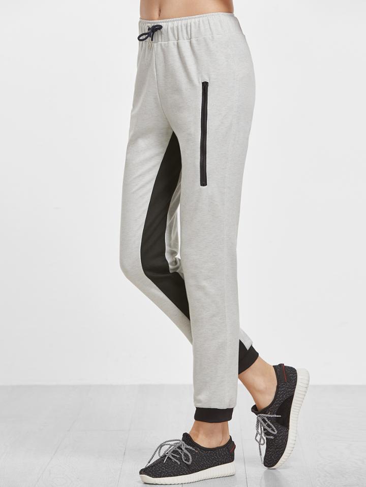 Romwe Heather Grey Contrast Panel Drawstring Sweatpants