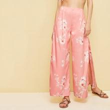 Romwe Floral Print Split Wide Leg Pants