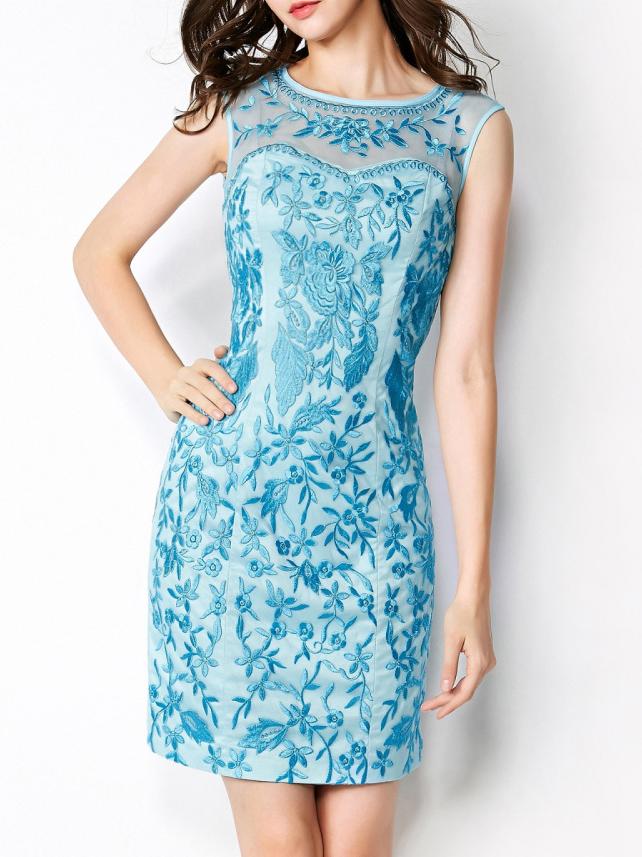 Romwe Light Blue Round Neck Sleeveless Contrast Gauze Embroidered Bodycon Dress