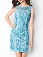 Romwe Light Blue Round Neck Sleeveless Contrast Gauze Embroidered Bodycon Dress