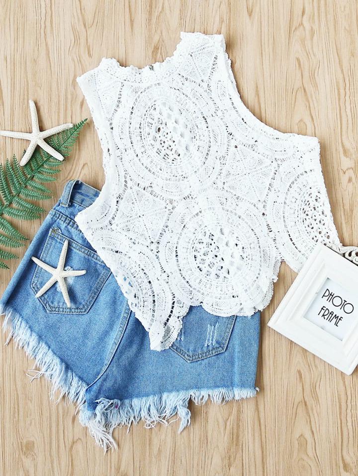Romwe Hollow Out Crochet Scallop Hem Zipper Back Tank Top