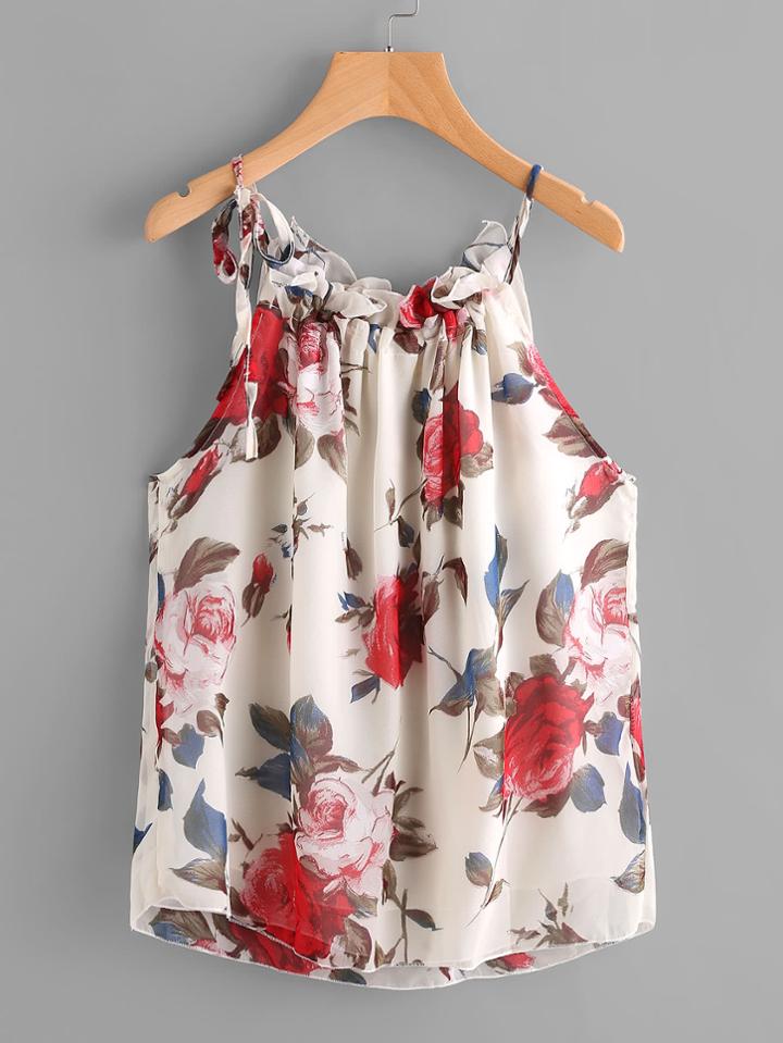 Romwe Floral Print Frill Trim Cami Top