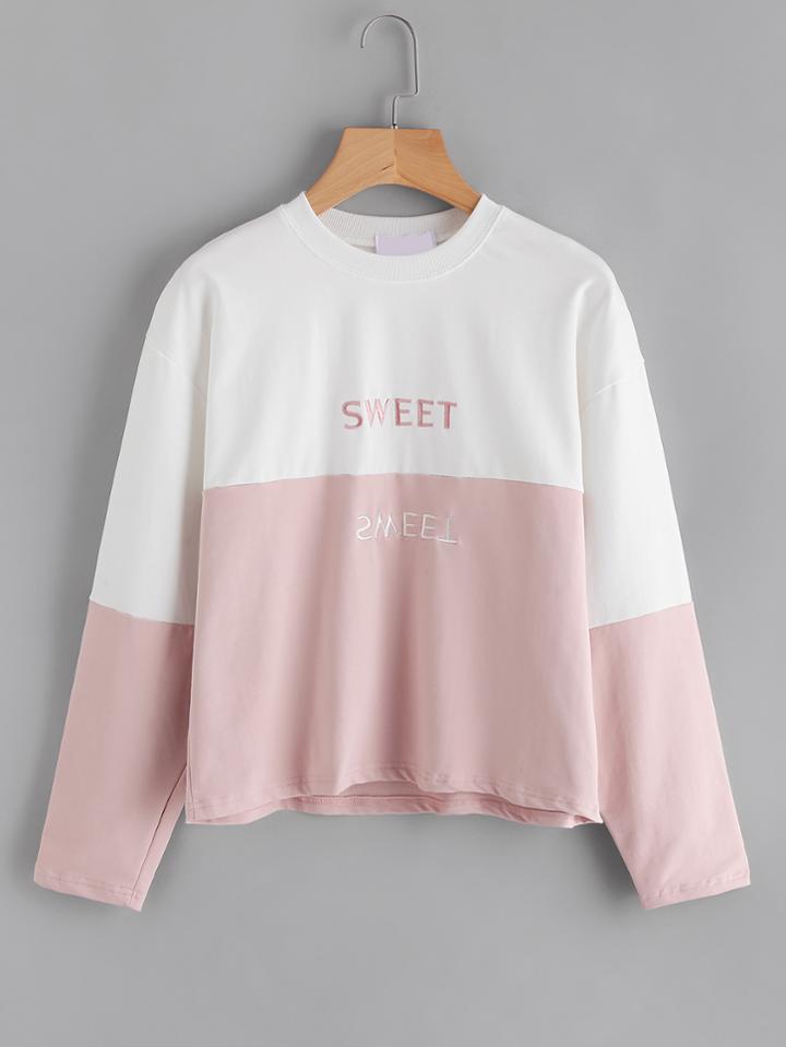 Romwe Color Block Letter Embroidered Tee